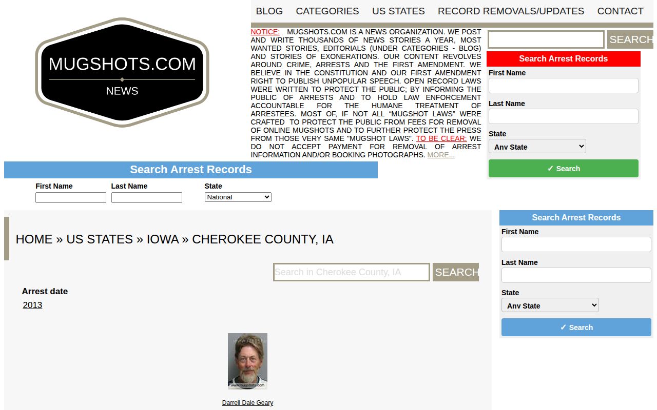 Sparse stale Cherokee County mugshot archive on Mugshots.com